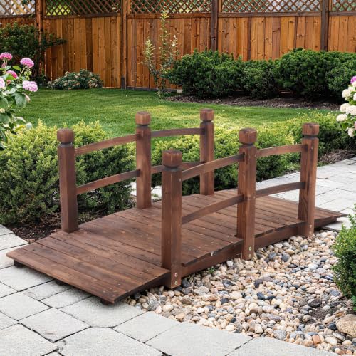 Outvita 5FT Stained Wooden Garden Footbridge with Safety Railings - size: 5ft-carbonated