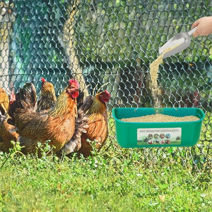 10 Pack Fence Feed Feeder 4.5 Quart Hanging Chicken Feeder Trough with Brush & Scoop Green Goat Hanging Fence Feeders Feeder with Hooks Screws & Zip Tie for Livestock Feeding Container Goats Supplies - color: Green, size: 10 Pack