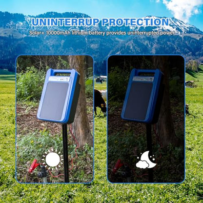 Solar Electric Fence Charger 8 kV Hight Power Energizer, 10000mAh Lithium Battery & 3W Solar Panel - Ideal for Livestock, Pet, Poultry, Gardens, Orchards Protection