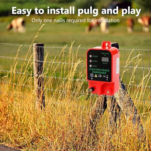 10KM Electric Fence Charger, 2J Waterproof Electric Fence Energizer with LED Display for Livestock Cattle Horse Protection, Alarm Function，AC/Battery Powered