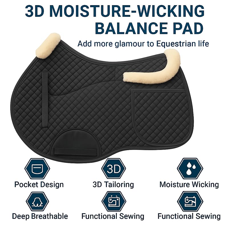 Universal English Saddle Pad with Adjustable Shims, Faux Shearling Trim, Plush Faux Wool, 3D Cooling & Non-Slip Tech. Ideal for Dressage, Jumping & Training. Machine Washable - color: Black