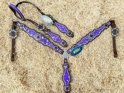 Western Leather Headstall & Breast Collar Set for Horses - Valentine’s Day Silver Metallic Cowhide with Rhinestones - color: Purple