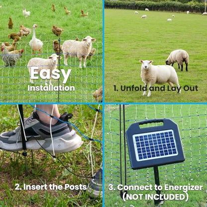 Poultry Netting Electric Fence,47.2" H x 164'L, Electric Chickens Fence | for Chickens, Ducks, Turkeys, PE Net Fencing Kit with Posts & Double-Spiked Stakes, Used in Backyards, Farms - size: 47.2" H x 164'L