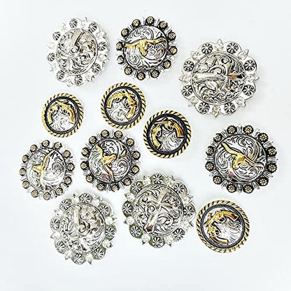 Horse TACK Antique Engraved Berry Conchos Screw Back Cross Badges Longhorn Steer Leather Craft Bukle 12pcs Mixed