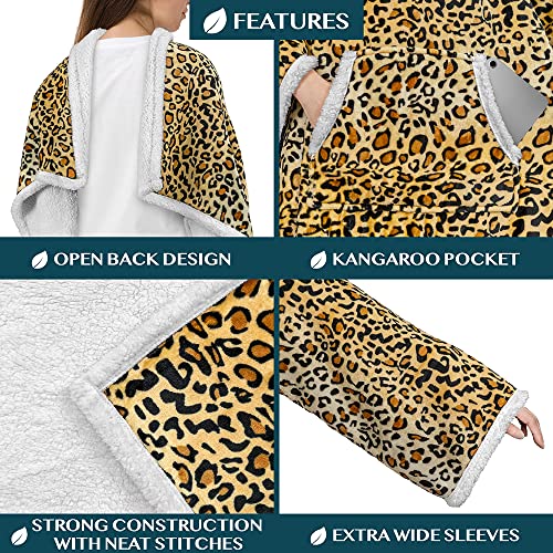 PAVILIA Sherpa Wearable Blanket with Sleeves and Pocket, Plush Thick Cozy Body Blanket Wrap for Adult Women Men, Christmas Gift for Wife Mom, Leopard Cheetah - color: Cheetah