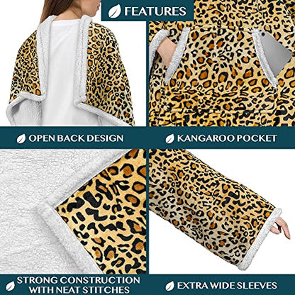 PAVILIA Sherpa Wearable Blanket with Sleeves and Pocket, Plush Thick Cozy Body Blanket Wrap for Adult Women Men, Christmas Gift for Wife Mom, Leopard Cheetah - color: Cheetah