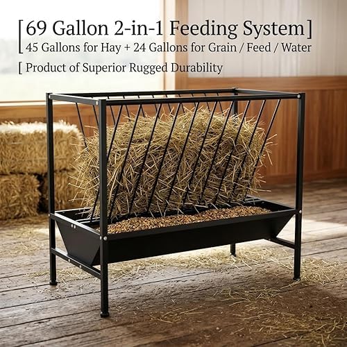 69 Gallon 2-in-1 Farm Feeder, Hay & Grain Livestock Feeding Unit with Steel Frame for Barn & Pasture