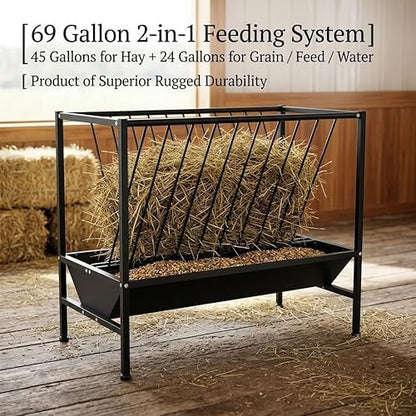 69 Gallon 2-in-1 Farm Feeder, Hay & Grain Livestock Feeding Unit with Steel Frame for Barn & Pasture