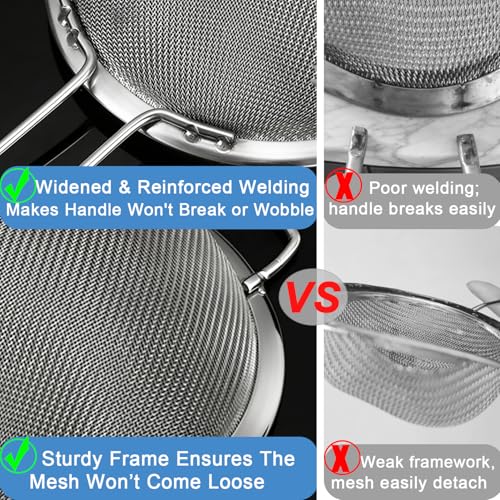 Large Fine Mesh Strainer with Sturdy Handle, 8.66” Stainless Steel Strainers, Bonus 20x20 Inch Reusable Cotton Cheese Cloths with 4 Hemmed Edges, Sieve Sifter for Straining, Cooking, Baking