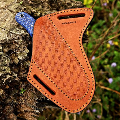 Custom Handmade 7'' fixed blade hoof rasp knife/Cow boy knife/Bull cutter Cowboy knives with pancake leather sheath (BLUE CONE) - color: BLUE CONE