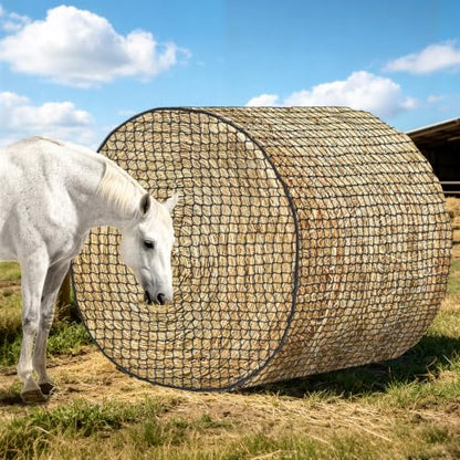 YedsIntu 5x5 ft Round Bale Hay Net for Horses, Slow Feeder Hay Nets with 1.5 inches Holes, Knotless Hay Feeder Bag for Goats Cattle Sheep Livestock - size: 5×5 ft