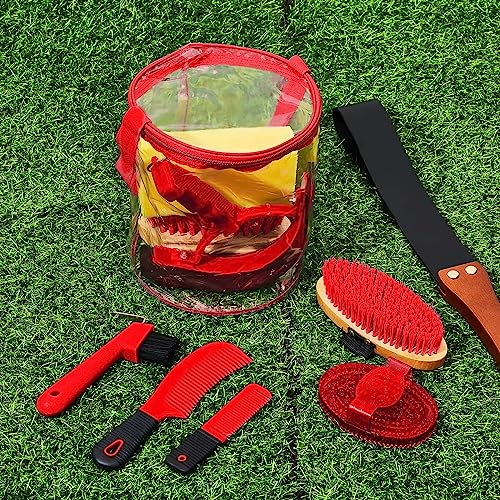 Cunhill 9 Pcs Horse Grooming Kit with Bag Curry Brushes,Cute,Red - color: Red, style: Cute