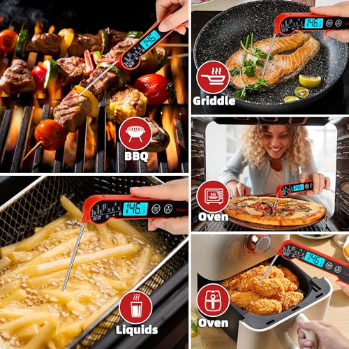 Professional Digital Meat Thermometer Instant Read Waterproof – Folding Probe Food Thermometer with Backlight & Calibration, Fast Read for BBQ, Grill, Deep Fry, Cooking, Liquids, Gift for Chef - color: Red