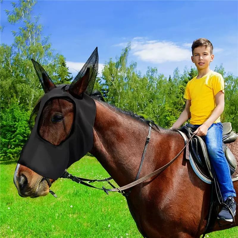 Super Comfort Stretchy Horse Fly Mask 2 Pcs Long Nose with Ears Space with UV Protection Soft on Skin with Breathability (Blue, Black - Full Size)