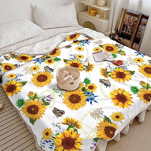 Sunflower Throw Blanket, Sunflower Gifts - Warm Soft Sherpa Thick Blanket (White, 60"x80") - color: White, size: 60"x80"