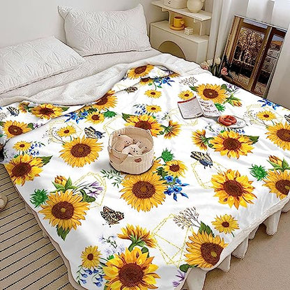 Sunflower Throw Blanket, Sunflower Gifts - Warm Soft Sherpa Thick Blanket (White, 60"x80") - color: White, size: 60"x80"