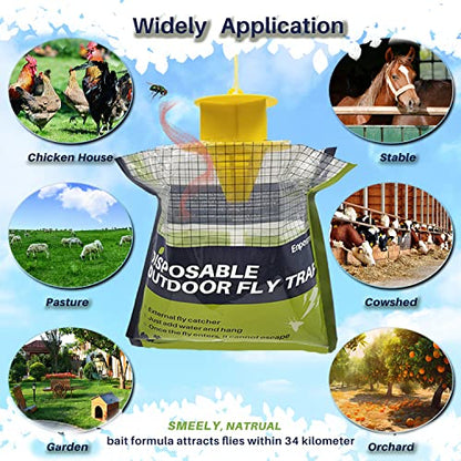 10 Pack Fly Traps Outdoor Hanging Disposable Fly Bags Trap, Effective Pre-Baited Flies Catcher, Flies Killer Bug Control for Patio, Yard, Chicken Coops, Horse Stables, Barns