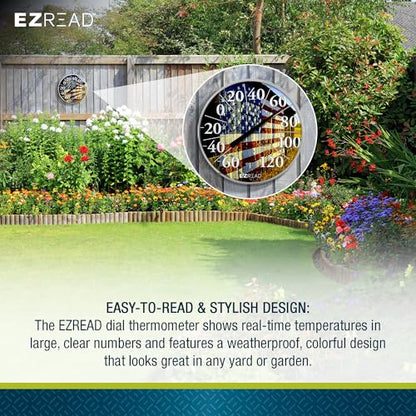 EZREAD Hanging Dial Thermometer 840-1232 Weather Thermometers for Indoor and Outdoor Use, Large 12.5 Inch Diameter, Easy to Read Numbers, American Flag on Barn - color: USA Barn