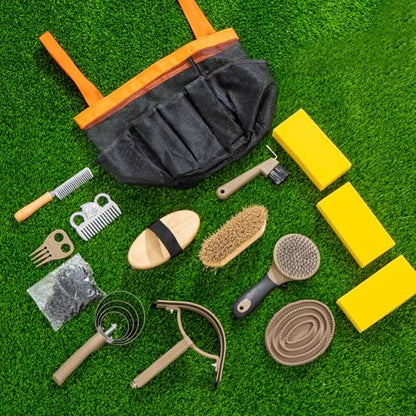 Uross Horse Grooming Kit 15PCS - Horse Brush Set with Organizer Tote Bag Care Cleaning Kit with Brush & Comb, Professional Equine Coat Care Gifts for Horseriders Beginner