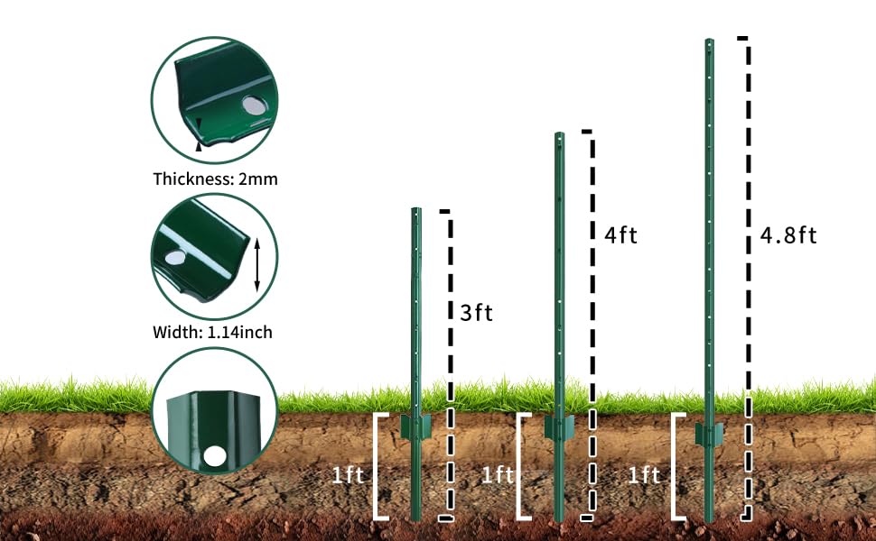 Metal Fence Post 4.8 Feet Green, Pack of 10, T Post for Wire Fence - color: Green 10pcs, size: 4.8 ft.