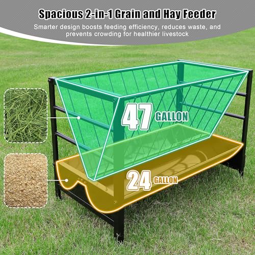 Large Pasture Hay Feeder 71Gallon, 2 in 1 Goat Grain Feeder for Livestock