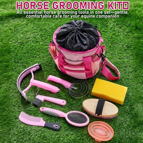 Cunhill 9 Pcs Horse Grooming Kit Tack Room Supplies, Classic, Pink - color: Pink, style: Classic
