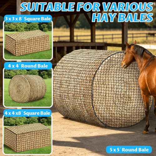 YedsIntu 5x5 ft Round Bale Hay Net for Horses, Slow Feeder Hay Nets with 1.5 inches Holes, Knotless Hay Feeder Bag for Goats Cattle Sheep Livestock - size: 5×5 ft
