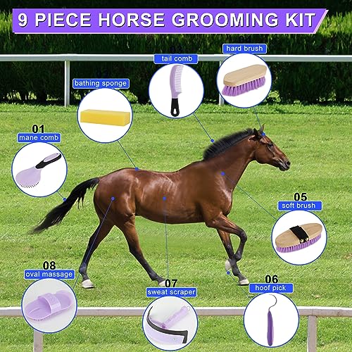 Horse Grooming Kit, 9-Piece Horse Brush Set with Tote Bag, Purple - color: Purple