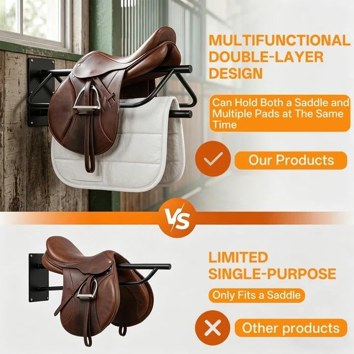 4 Pack Wall Mounted Saddle Racks with Pad Bar,Heavy Duty Black Saddle Rack, Sturdy Saddle Rack for British Western Saddles, Blankets and Racks