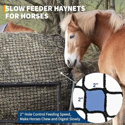 Round Bale Hay Net for Horses and Goats, 5x5 Ft Knotless Design Slow Feed Hay Net with 2'' Holes, Large Heavy Duty Slow Feeder Nets - size: 5x5FT