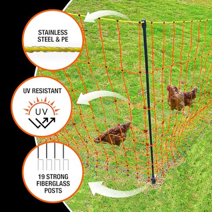 Pet & Livestock HQ Electric Fence Poultry Netting 41" x 164' - Portable Pre-Assembled Electric Net Fencing for Goats, Sheep, Lambs in Farms, Ranches, and Gardens (19 Posts, 2 Spikes) - size: 41" x 164'