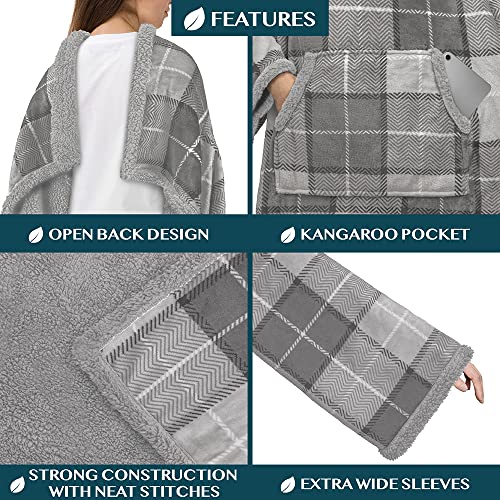 PAVILIA Sherpa Wearable Blanket with Sleeves and Pocket, Plush Thick Cozy Body Blanket Wrap for Adult Women Men, Christmas Gift for Wife Mom, Plaid Light Grey - color: Plaid Light Gray