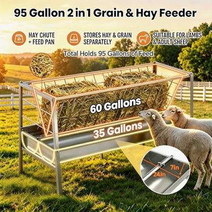 59" X 24" X 33.4" Goat Sheep Feeder, 95 Gallon Goat Hay Feeder, Livestock Hay Feeder with Grain Water Pan, Stainless Steel Frame Safe Rounded Edges, Livestock Feed Trough for Goats, Horses and Cattle