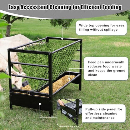Large Pasture Hay Feeder 71Gallon, 2 in 1 Goat Grain Feeder for Livestock