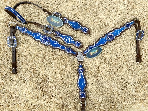 Western Leather Headstall & Breast Collar Set for Horses - Valentine’s Day Silver Metallic Cowhide with Rhinestones - color: Royal Blue