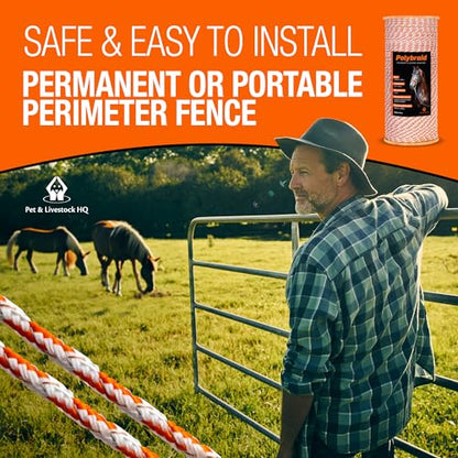 Electric Fence Polybraid 660ft Thickness 1/4" - Premium Heavy Duty Braided Polyrope - High Visible Rope Fencing for Horse, Cattle, Livestock - 6 Wire Conductors: 2X Cooper and 4X Stainless Steel - size: 660ft / 200m