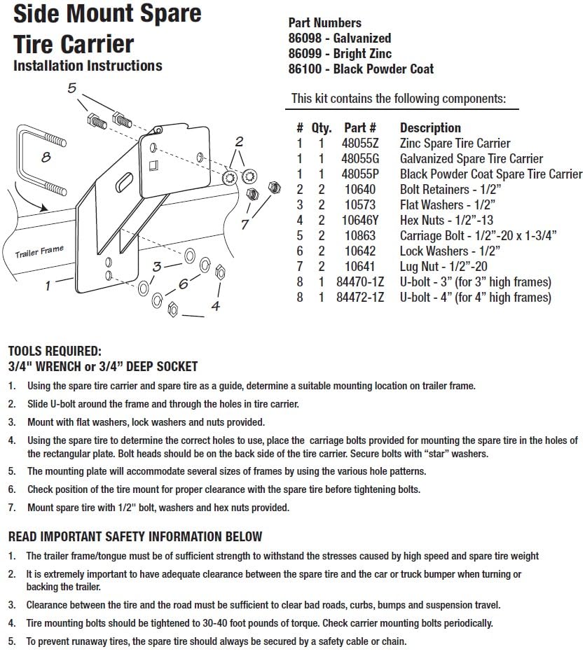 Tie Down Spare Tire Carrier Mount - Mount for Boat/Utility Trailer/RV/Camper -Trailers– Fits 4 & 5 Lug Wheels – Hardware Included - style: Zinc-Plated
