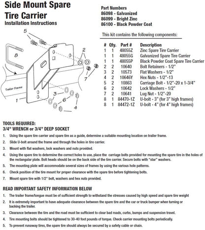Tie Down Spare Tire Carrier Mount - Mount for Boat/Utility Trailer/RV/Camper -Trailers– Fits 4 & 5 Lug Wheels – Hardware Included - style: Zinc-Plated