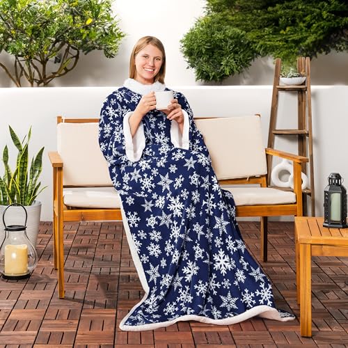 PAVILIA Sherpa Wearable Blanket with Sleeves and Pocket, Plush Thick Cozy Body Blanket Wrap for Adult Women Men, Christmas Gift for Wife Mom, Snowflake Blue - color: Snowflake Blue