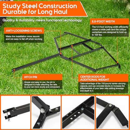 Driveway Drag 66" Width, 35" Length, 4" Height, Tow Behind Drag Harrow, Garden Lawn Tractor Attachable, Steel Head, Garden Rake