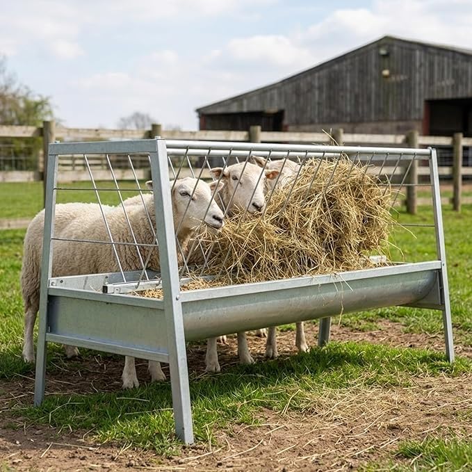 Goat Feeder, 96 Gallon Hay Feeder Goat with Detachable Grain Pan, Heavy Duty Stainless Steel Goat Hay Feeder, Suitable for Goats, Sheep, Horses, Easy Assembly in Farm, Silver Finish
