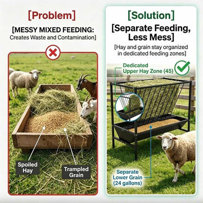 Multi-Purpose Hay Feeder, 45 Gallon Hay Storage with 25 Gallon Grain Feed Water Trough, Heavy Duty Metal Livestock Rack for Goat, Sheep, Horse, Cow, Pig, Indoor Outdoor Use