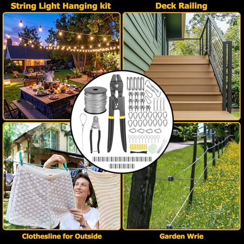Lothee 143 Pcs 1/16" Wire Rope Kit 200ft Steel Wire Cable with Crimping Tool and Cable Cutter for Outdoor Garden Kitchen Craft Fence DIY Project Clothes Line