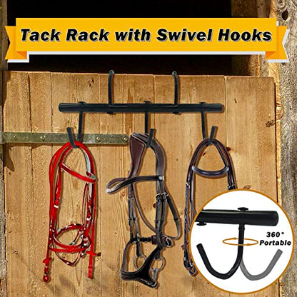 2Pcs Steel Tack Rack with Swivel Hooks for Horses Black Hanging Bridle Hooks Portable Tack Hangers Horse Tack Room Organizer Horse Tack Holder Stall Room Fence Trailer Accessories