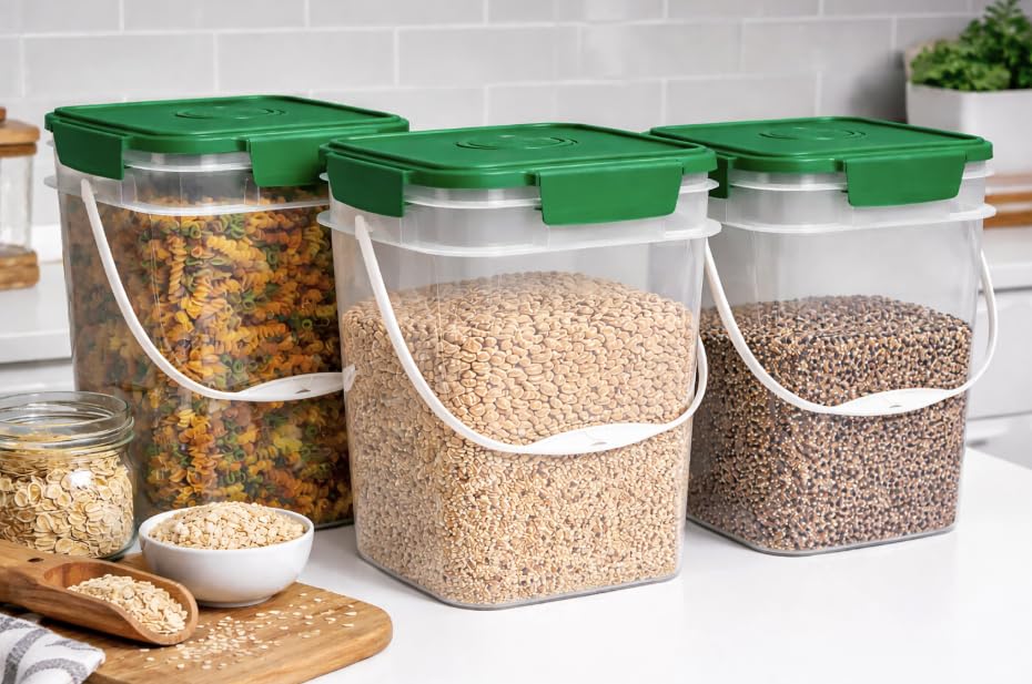 House Naturals 4 Gallon Square Food Grade Bucket Pail with Plastic Handles and Lid (Pack of 3) Made in USA containers (4G SQ Clear - Green lids) - color: 4g Sq Clear - Green Lids