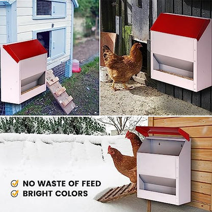 Galvanized Wall Mount Chicken Feeder No Waste Hanging Chicken Feeder with Lid Weatherproof Metal Automatic Poultry Feeder Trough Food Dispenser for Outside Coop (23 lbs)