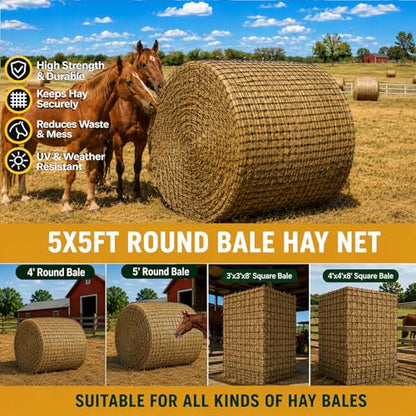 5x5 ft Round Bale Hay Net for Horses & Goats, 1.5" Holes Slow Feeder Hay Nets with Hay Net Repair Tool - size: 5*5*5 FT