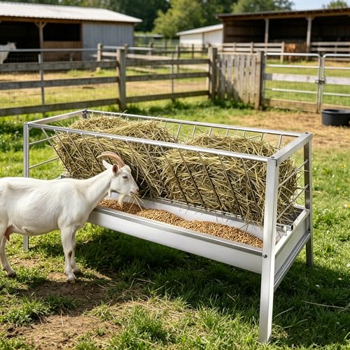 59" X 24" X 33.4" Goat Sheep Feeder, 95 Gallon Goat Hay Feeder, Livestock Hay Feeder with Grain Water Pan, Stainless Steel Frame Safe Rounded Edges, Livestock Feed Trough for Goats, Horses and Cattle