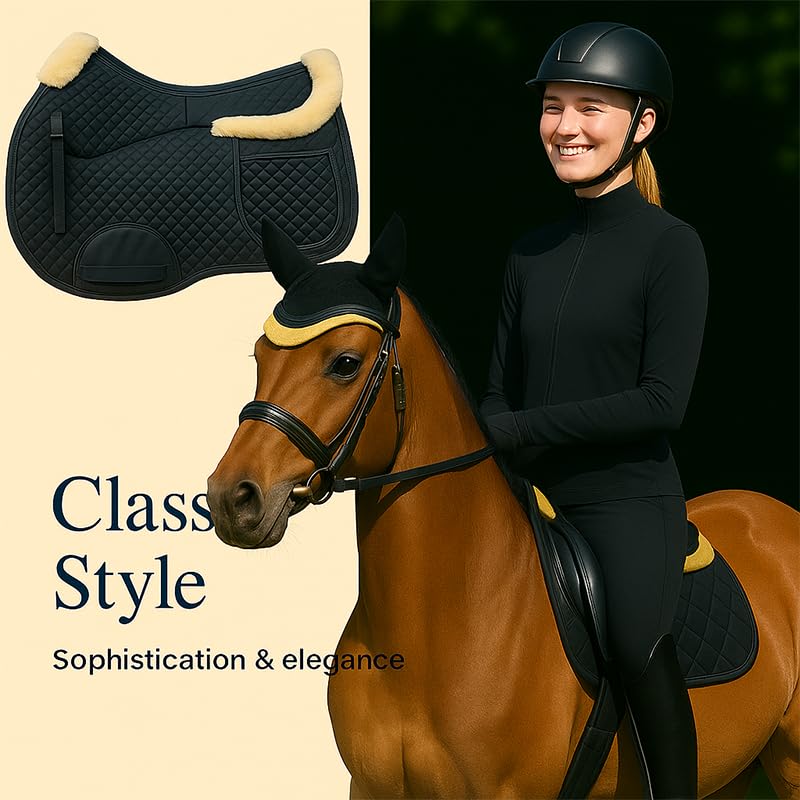 Universal English Saddle Pad with Adjustable Shims, Faux Shearling Trim, Plush Faux Wool, 3D Cooling & Non-Slip Tech. Ideal for Dressage, Jumping & Training. Machine Washable - color: Black