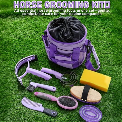 Cunhill 9 Pcs Horse Grooming Kit Tack Room Supplies, Classic, Purple - color: Purple, style: Classic